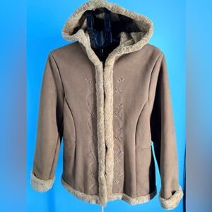 Vintage Braetan Coat Womens LG Brown Jacket Coat Faux Suede Hooded Fur Collar